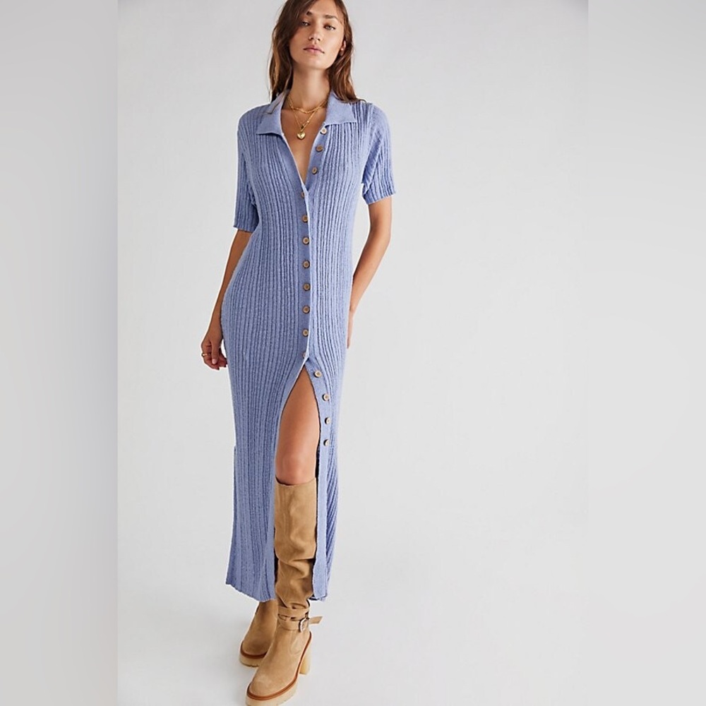 Free People Blue Button-Down Midi Dress